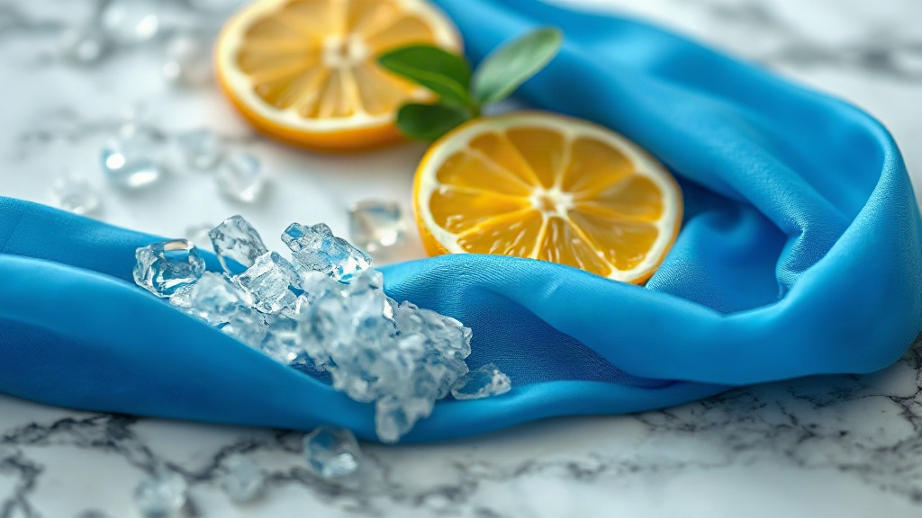 macro photo of fresh aquatic perfume raw materials arranged on a wet marble surface, sea water droplets, blue silk fabri