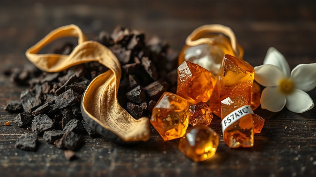Close-up macro still life of raw perfumery ingredients, dark oud wood chips, dried bergamot peel, fresh jasmine blossoms