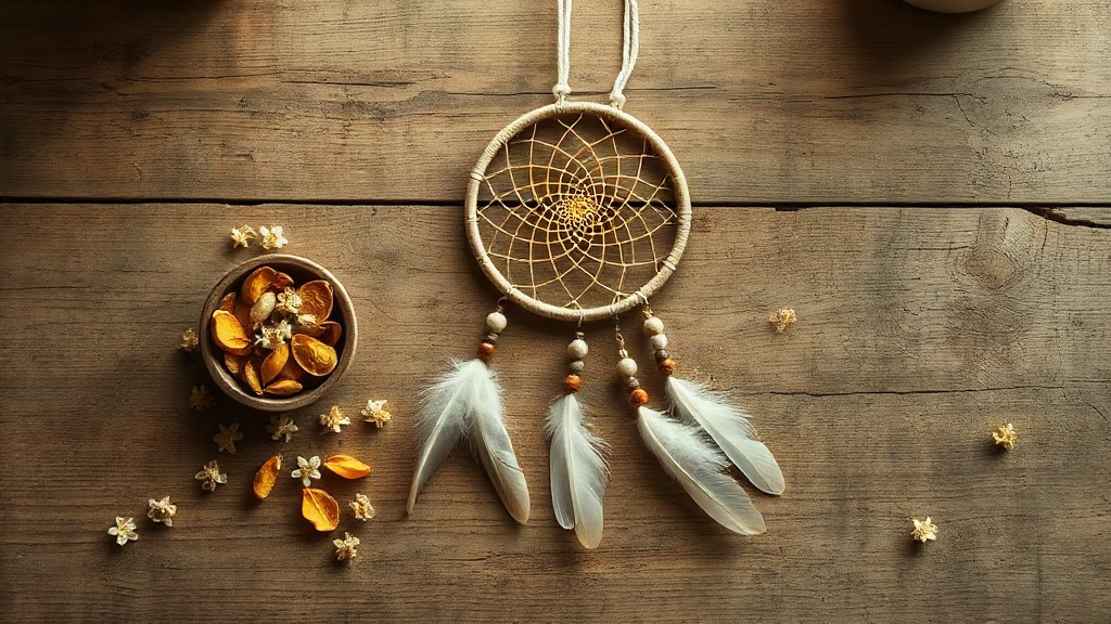 overhead shot of a handmade dreamcatcher with feathers and wooden beads resting on a rustic wooden table, surrounded by