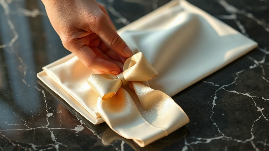 close-up of a hand arranging folded ivory silk fabric and a small luxury ribbon on a dark marble countertop, soft warm l