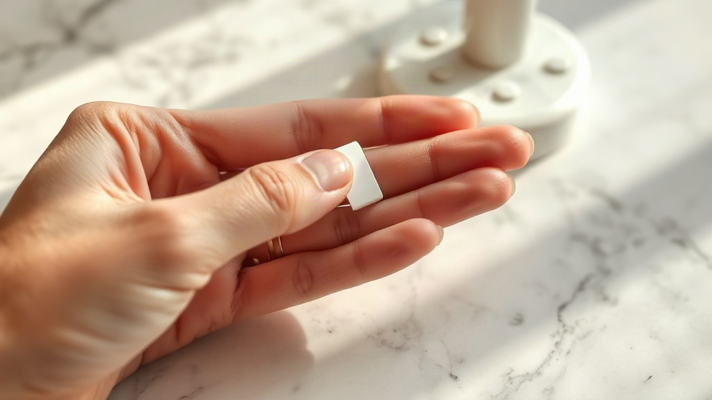 Close-up of a hand holding a white perfume blotter test strip near a wrist, elegant marble countertop surface, soft dayl