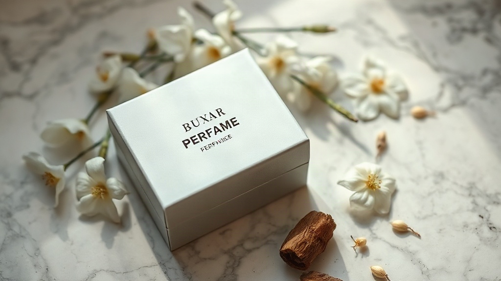 Closed luxury perfume gift box resting on a polished marble surface, surrounded by jasmine flower sprigs and a dried pie