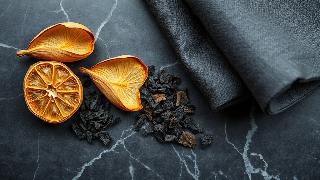 Flat-lay styled scene for a luxury woody-oriental men's fragrance brand: dried bergamot peel, dark oud wood chips, 
