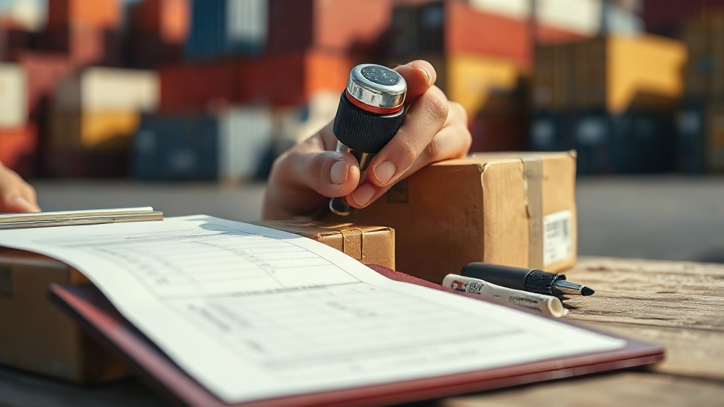 close-up of hands stamping customs clearance documents next to sealed cardboard shipping cartons and a shipping manifest