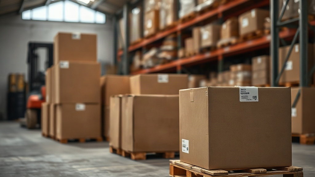 warehouse interior with stacked cardboard shipping boxes on wooden pallets, a forklift pallet jack in soft focus backgro