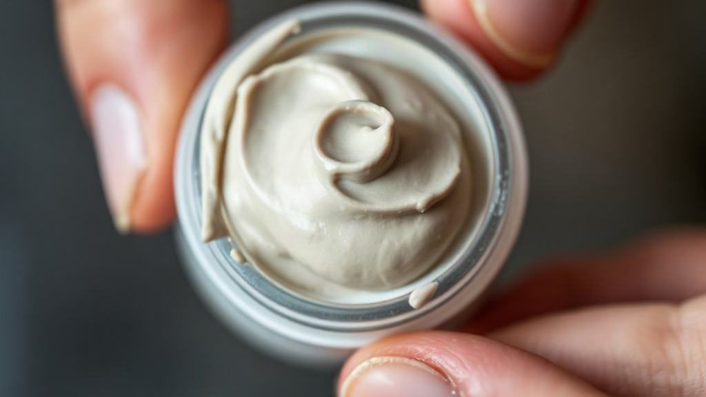 Close-up macro shot of a hand scooping matte styling clay from a small cosmetic jar, textured product visible on fingert