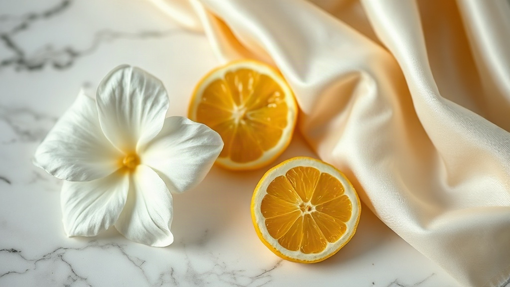 close-up of fresh jasmine flowers, halved bergamot citrus fruit, and ivory silk fabric folds arranged on a white marble 