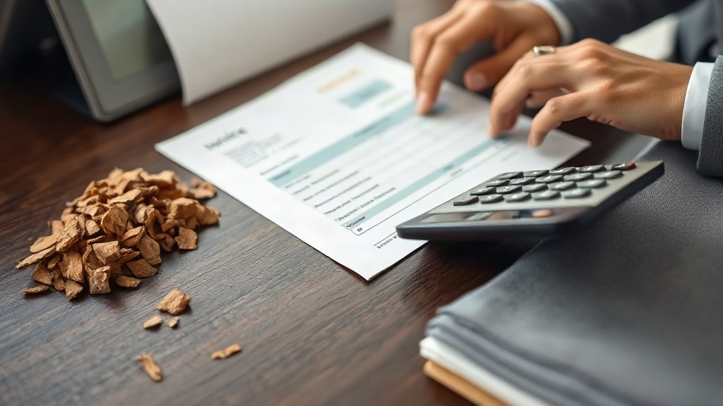 Close-up of a businessperson's hands reviewing a printed invoice and calculator on a dark wood desk, next to a smal