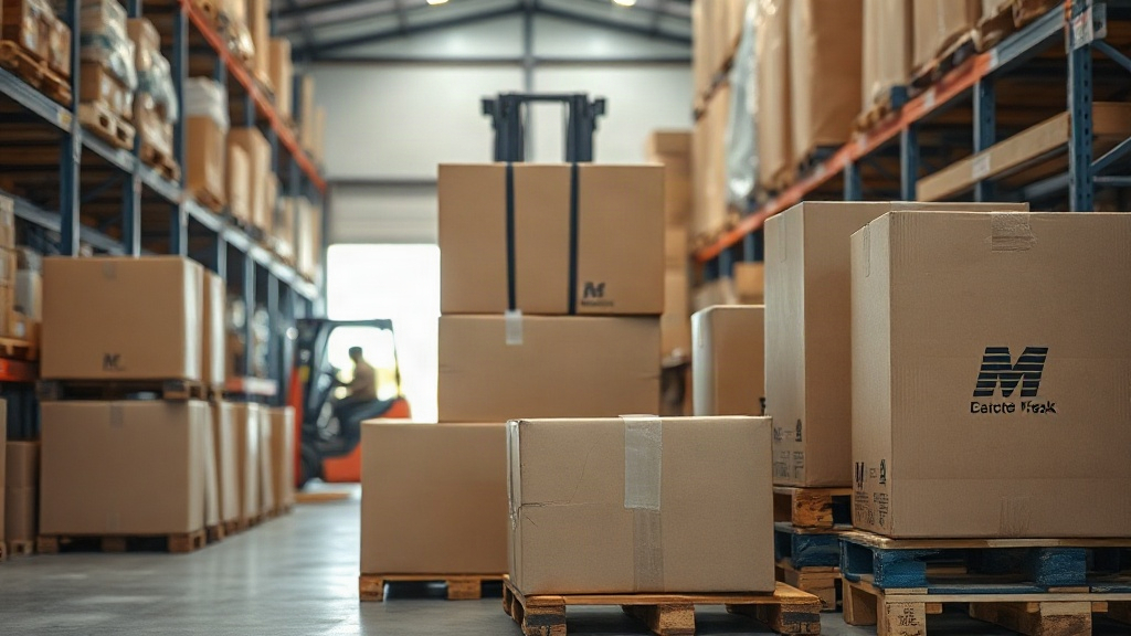 warehouse interior with stacked cardboard shipping boxes and wooden pallets ready for wholesale distribution, forklift i