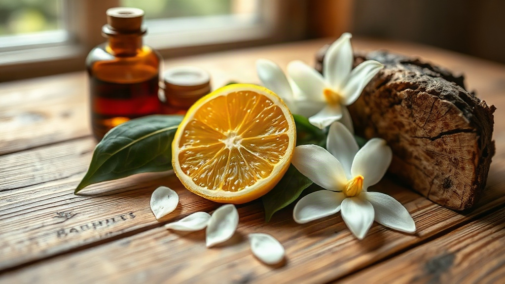 close-up macro photography of raw perfume ingredients arranged on a rustic wooden table, sliced bergamot citrus fruit, f