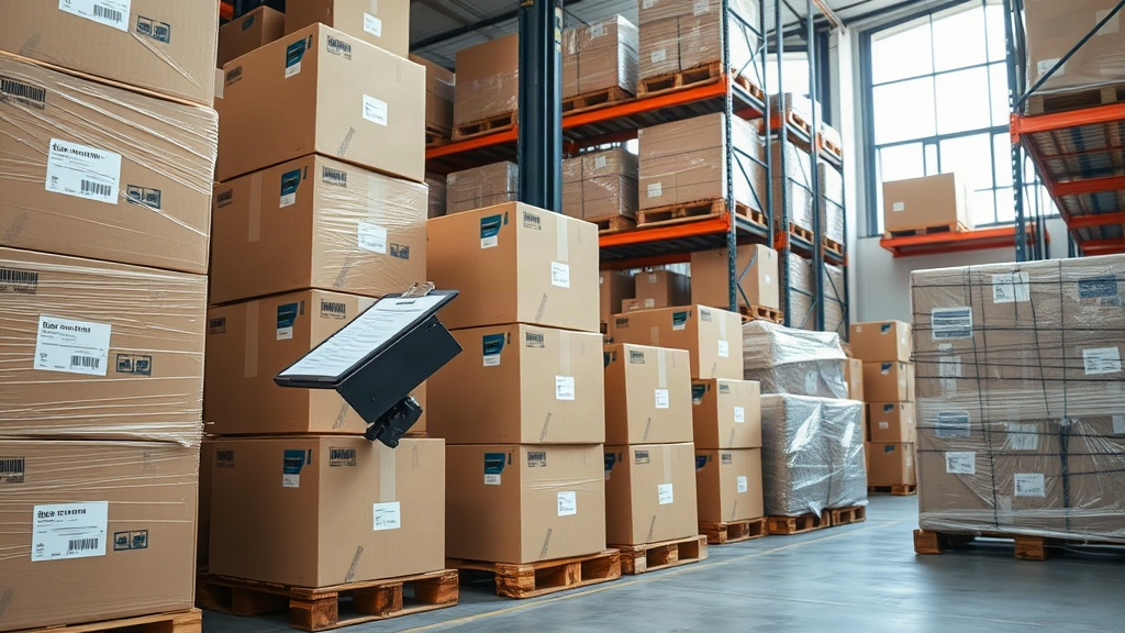 warehouse interior with stacked cardboard shipping cartons on wooden pallets, a worker's hand checking a clipboard 