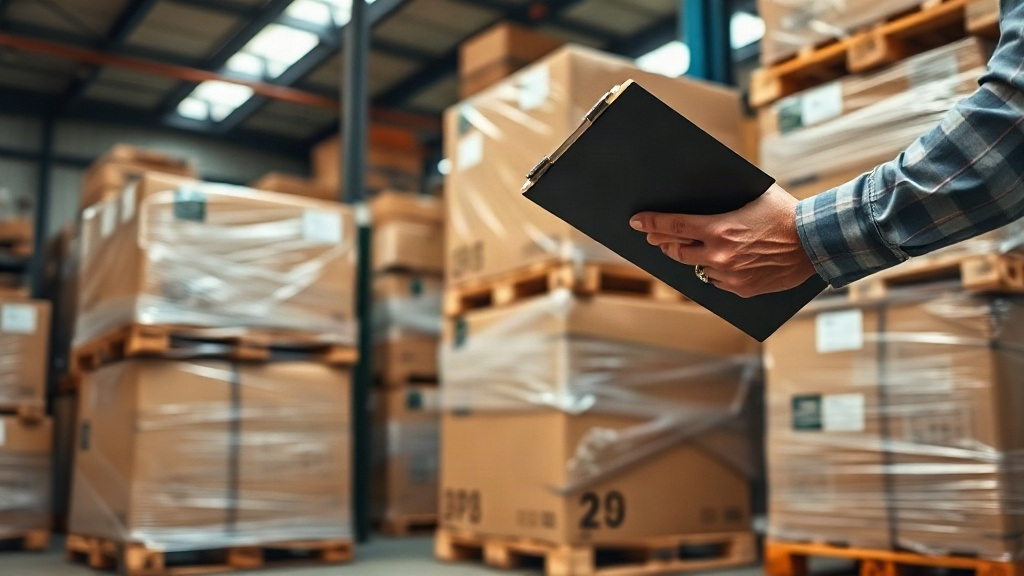Warehouse scene showing stacked cardboard shipping cartons and wrapped wooden pallets ready for export, a worker's 