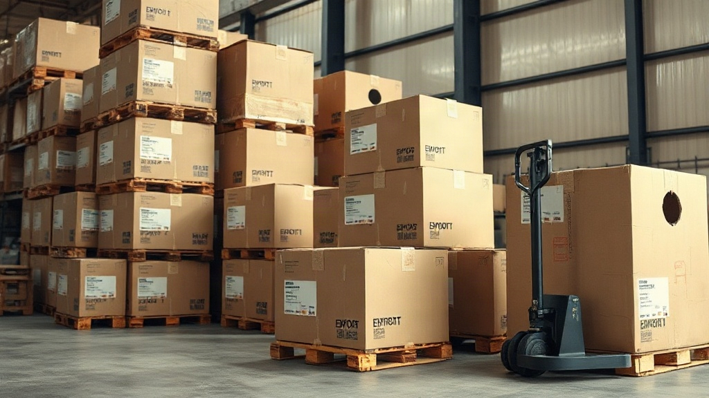 warehouse interior with stacked cardboard shipping boxes and wooden pallets, a pallet jack nearby, export shipping label