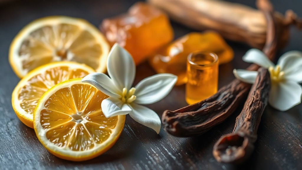 close-up macro photography of raw perfumery ingredients arranged on a dark wooden table, fresh bergamot citrus slices, b