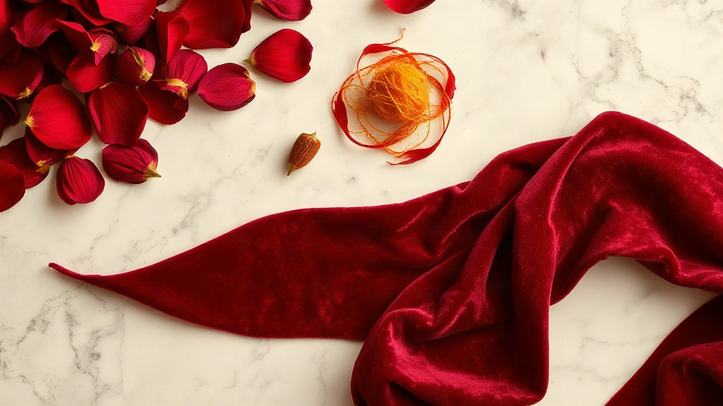 Opulent flat-lay scene evoking an imperial, intense oriental fragrance: deep red rose petals, golden amber resin chunks,