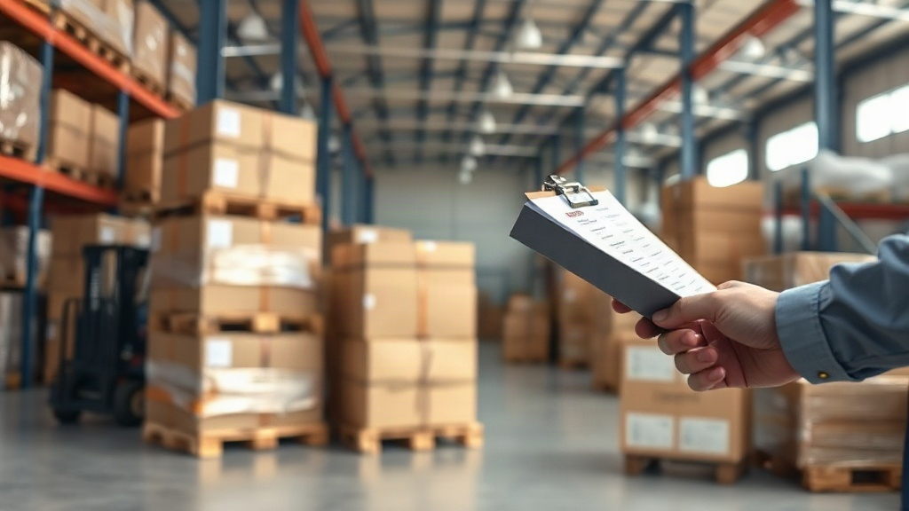 stacked cardboard shipping boxes and wrapped wooden pallets inside a bright logistics warehouse, forklift visible in sof