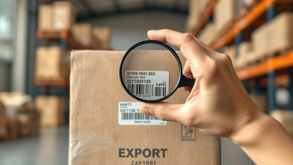 a hand holding a magnifying glass over a batch code and shipping label printed on a cardboard export box, blurred wareho