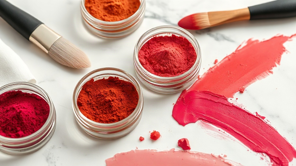 close-up scene of colored cosmetic pigment powders in small glass bowls arranged on a white marble surface, an artist pa