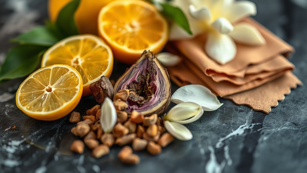 Close-up editorial still life photograph of raw perfumery ingredients arranged on a dark polished marble surface: halved