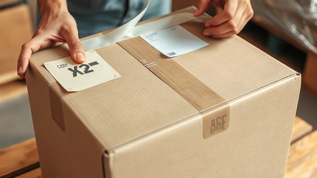 close-up of hands sealing a plain cardboard shipping carton with packing tape, a shipping label and customs paperwork re