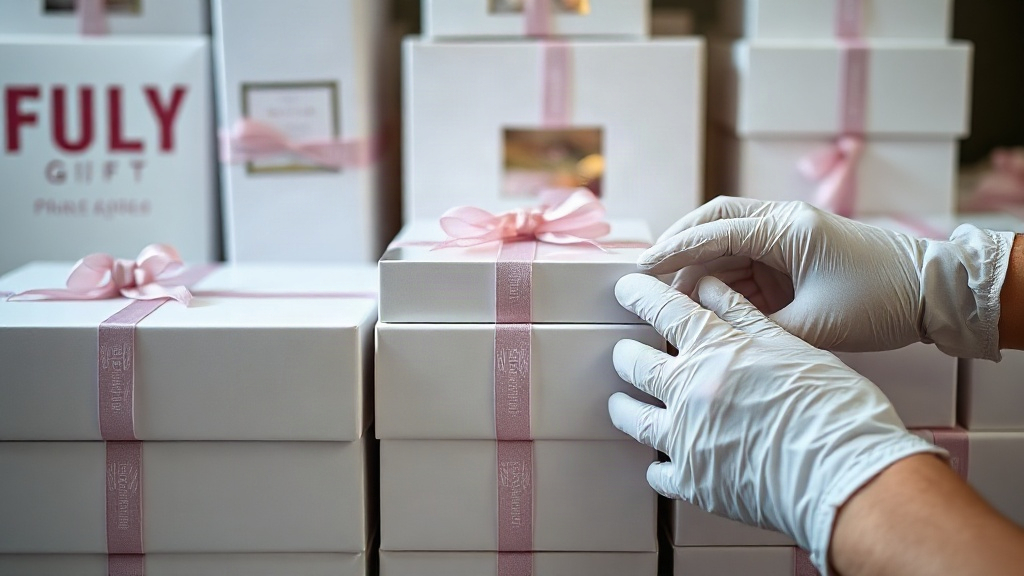 close-up of elegant perfume gift boxes and packaging cartons neatly stacked for wholesale shipment, hands in gloves insp