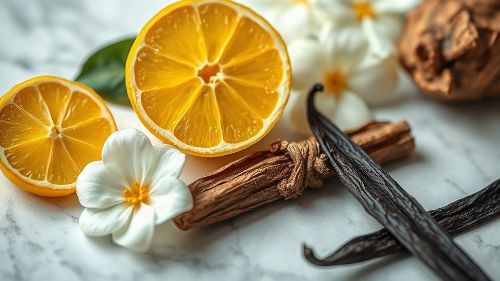 close-up macro photo of raw perfume ingredients arranged on a marble surface, fresh bergamot citrus halves, jasmine flow