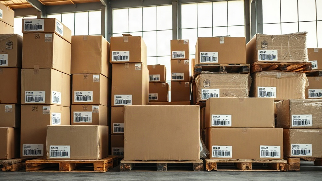 Photograph of a modern warehouse interior with neatly stacked cardboard shipping boxes and wooden pallets ready for dist