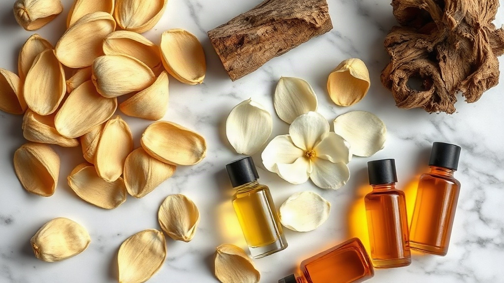 overhead photo of raw perfumery ingredients arranged on a white marble surface, dried bergamot peels, fresh jasmine peta