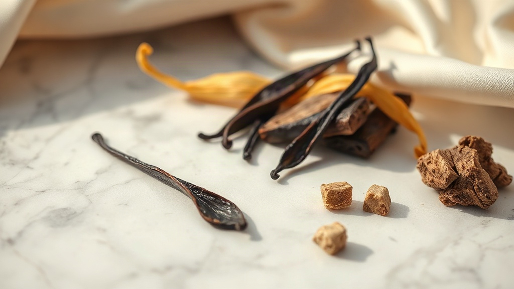 raw vanilla pods, bergamot peel and small chunks of oud wood arranged on a white marble surface beside a swatch of ivory