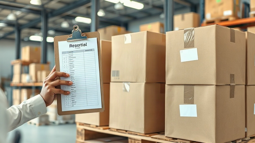 ürün: close-up of a professional hand checking a shipment, holding a clipboard with inventory checklist next to stacked 