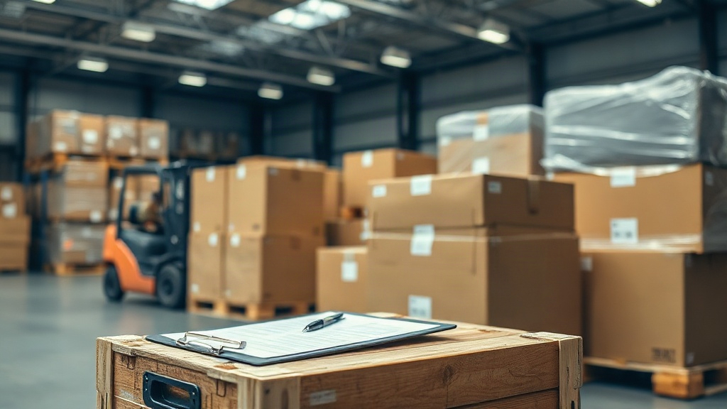 Wide shot of a logistics warehouse with sealed cardboard shipping boxes stacked on wooden pallets, shrink-wrapped export