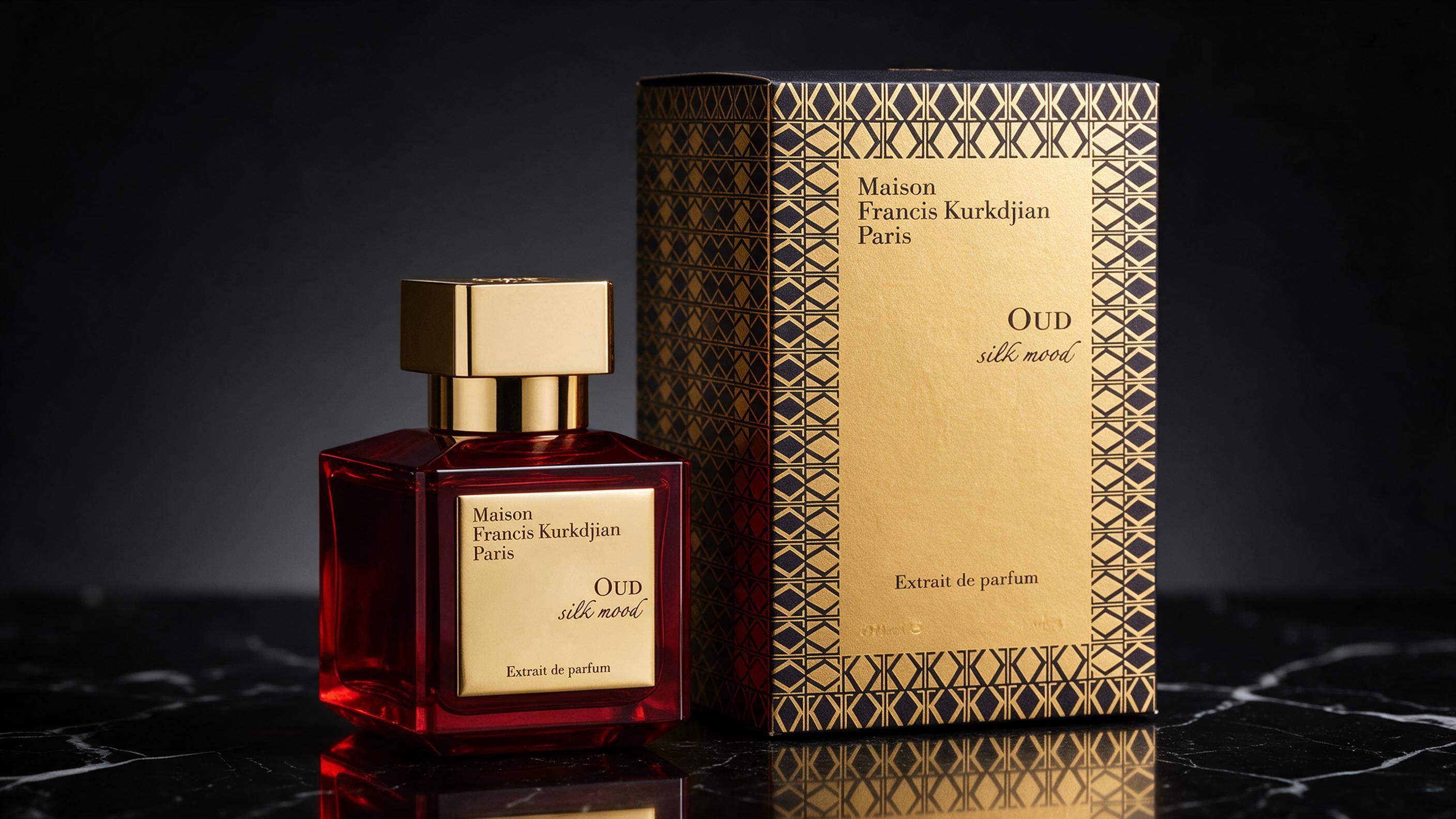 elegant perfume bottle with dark red lacquered glass and a polished gold cap, standing on a reflective black marble surf