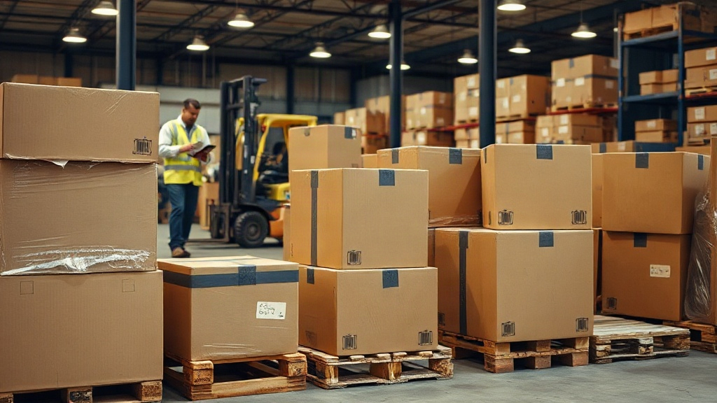 warehouse interior with wooden pallets stacked with sealed brown cardboard shipping boxes, a forklift in the background,