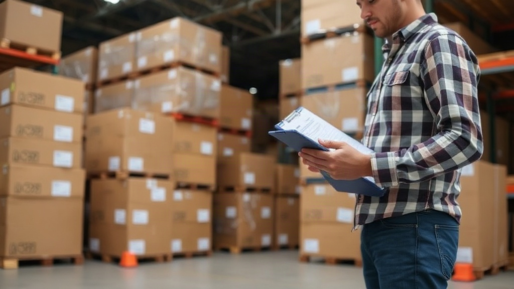 Organized warehouse interior with neatly stacked wooden pallets and sealed cardboard shipping boxes, a worker's han