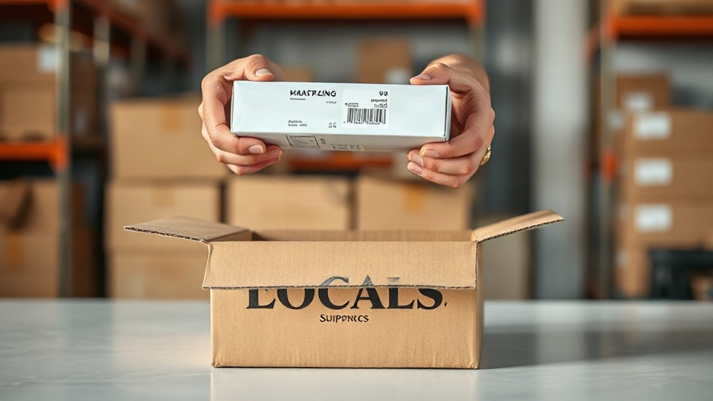 Photograph of hands carefully placing a sealed cosmetic packaging carton into an open shipping box on a clean countertop