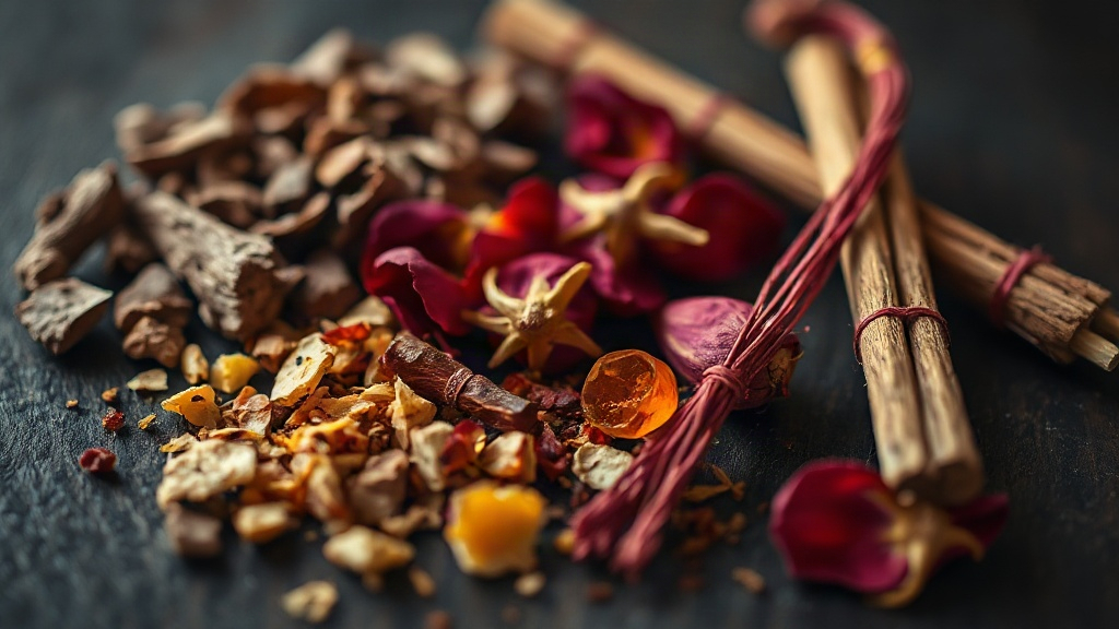 close-up macro photograph of raw perfumery ingredients on a dark wooden surface — oud wood chips, dried rose petals, saf