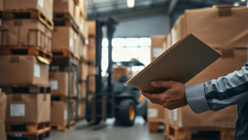 Warehouse logistics scene with wooden pallets stacked with sealed cardboard shipping boxes, a worker's hand holding