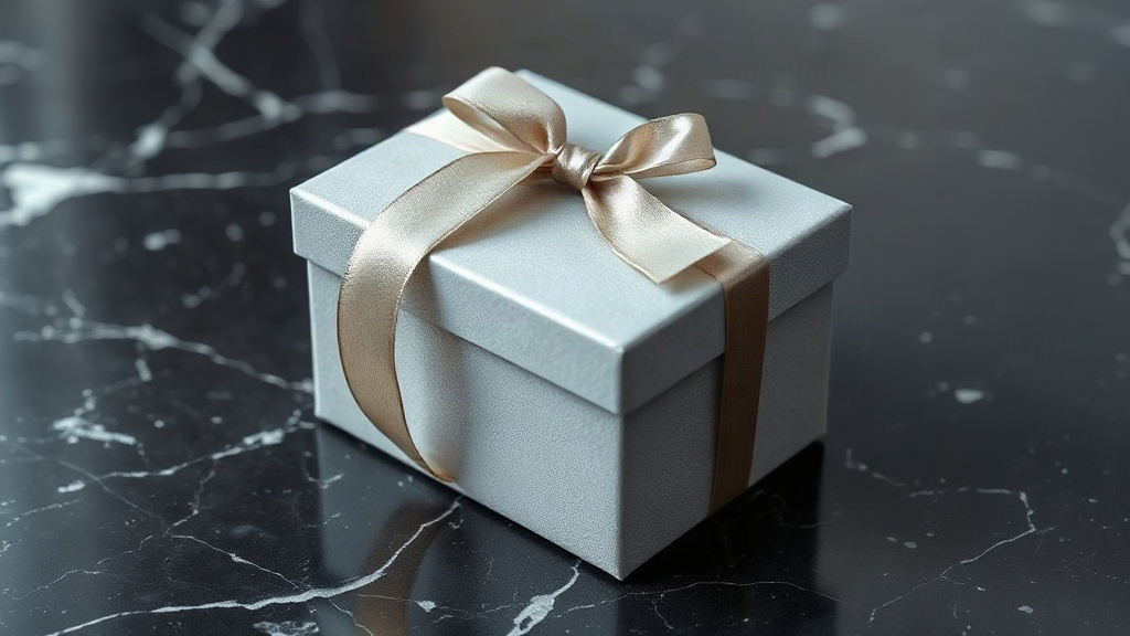 closed elegant grey perfume gift box with ribbon on a dark marble surface, soft studio lighting, professional product pa