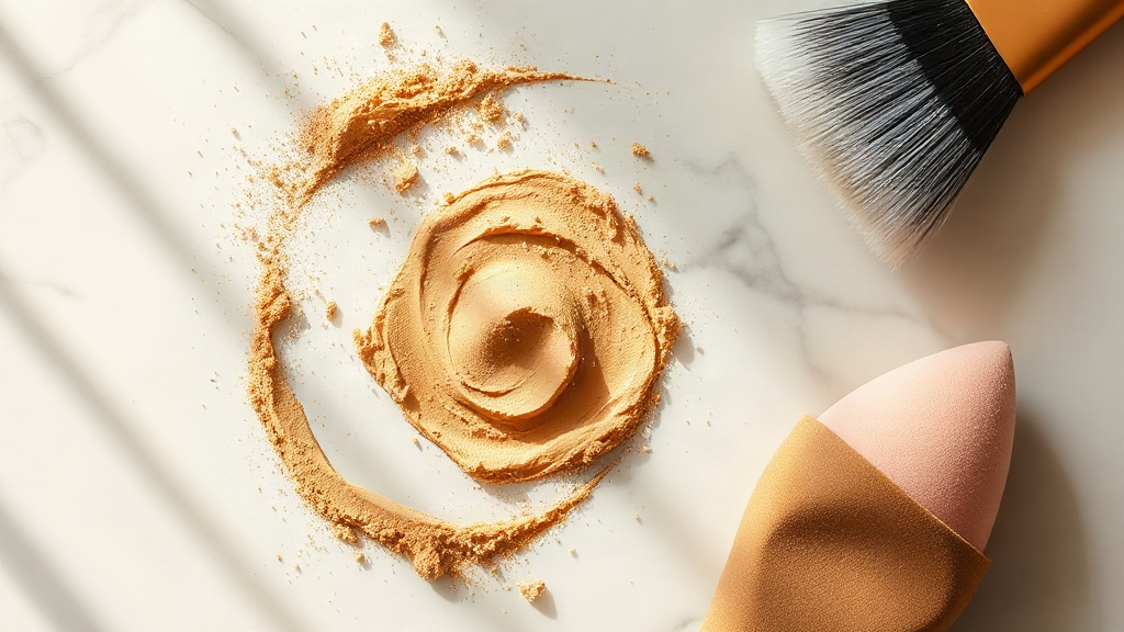 overhead flat lay of golden loose mineral makeup powder swirled on a white marble surface, soft makeup brush and beauty 