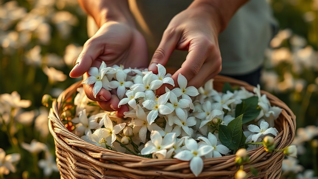 Close-up of hands gently harvesting white jasmine flowers at dawn in a flower field, dew drops on delicate petals, soft 