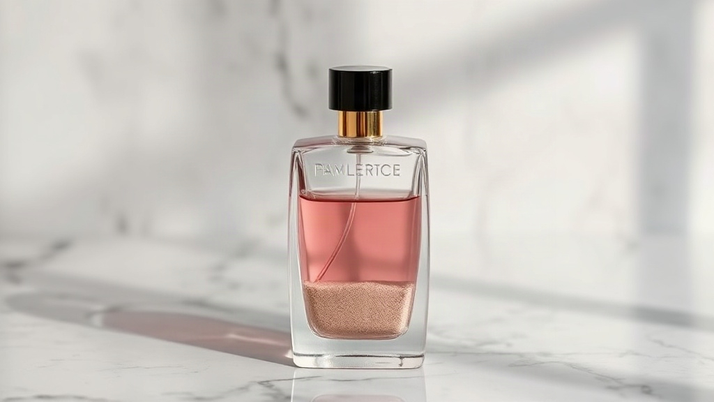 elegant luxury perfume bottle with pink sand-colored liquid, minimalist glass design, placed on a polished marble surfac