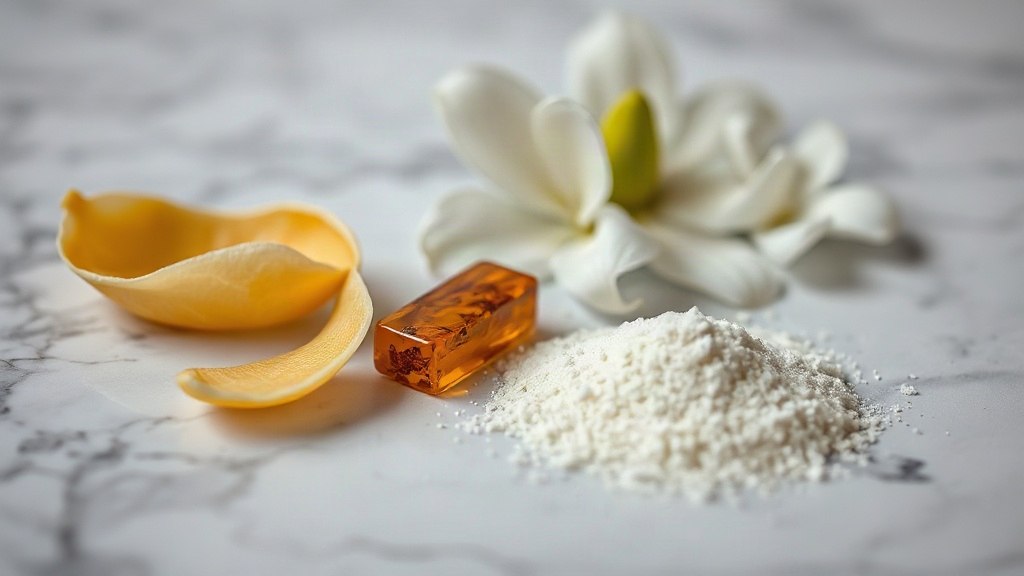 close-up macro composition of bergamot peel, fresh jasmine blossoms, a small piece of amber resin and white musk powder 