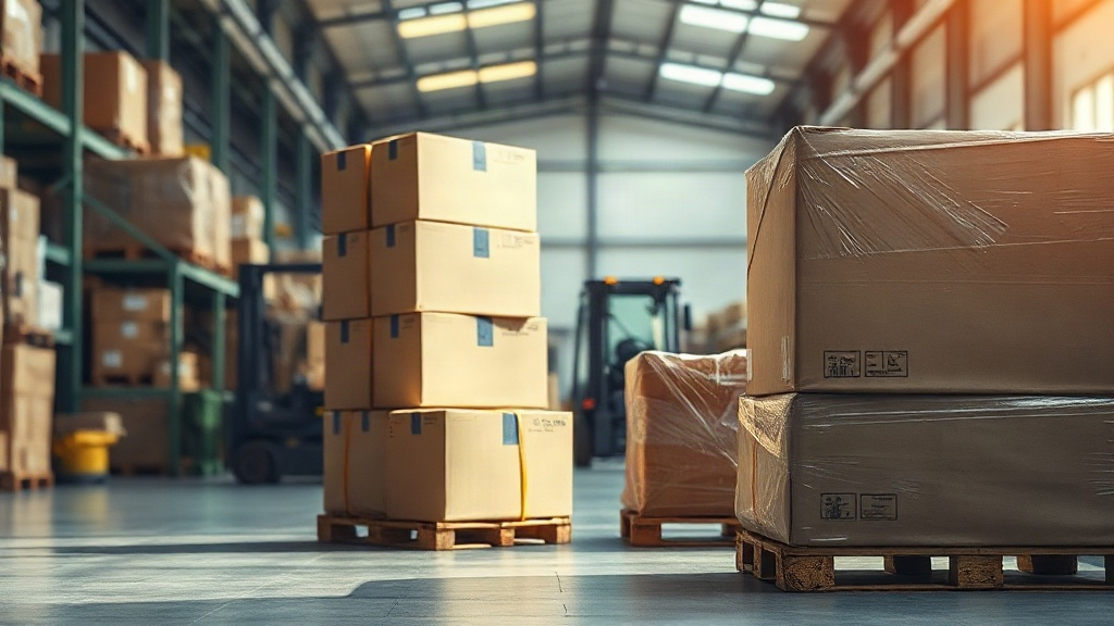 warehouse interior with stacked cardboard shipping boxes and wrapped pallets, a forklift in the background, industrial l