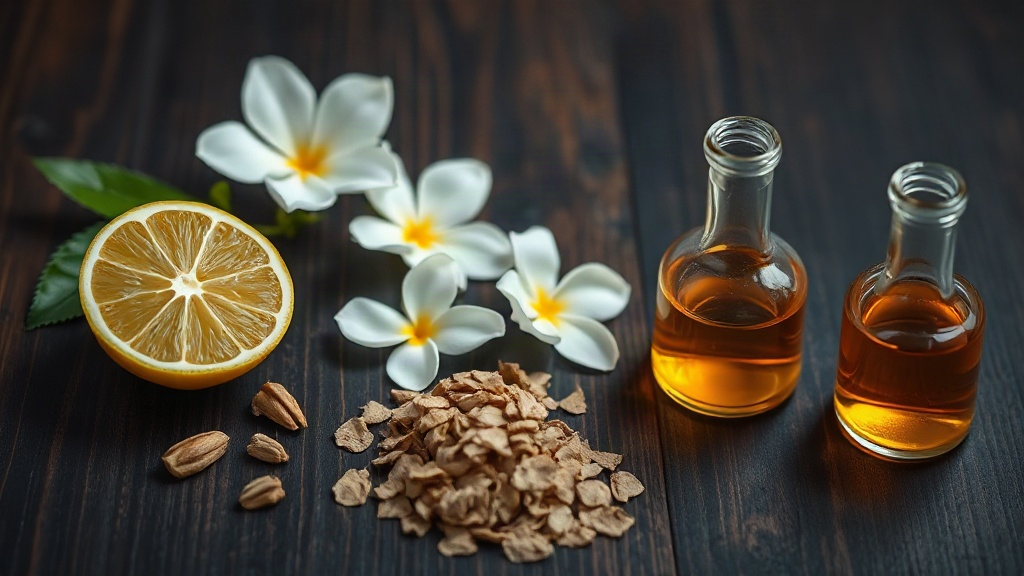raw perfume ingredients arranged on a dark wooden surface, fresh bergamot citrus fruit cut in half, jasmine flowers, a s