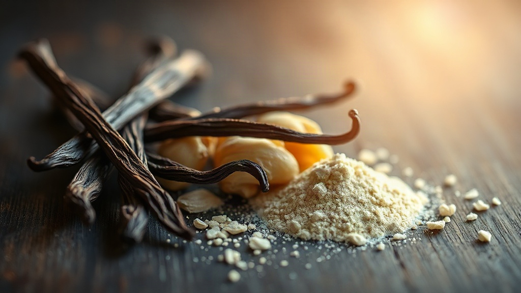 close-up of raw vanilla pods, loose vanilla powder and dried orris root arranged on a dark wooden surface, warm directio