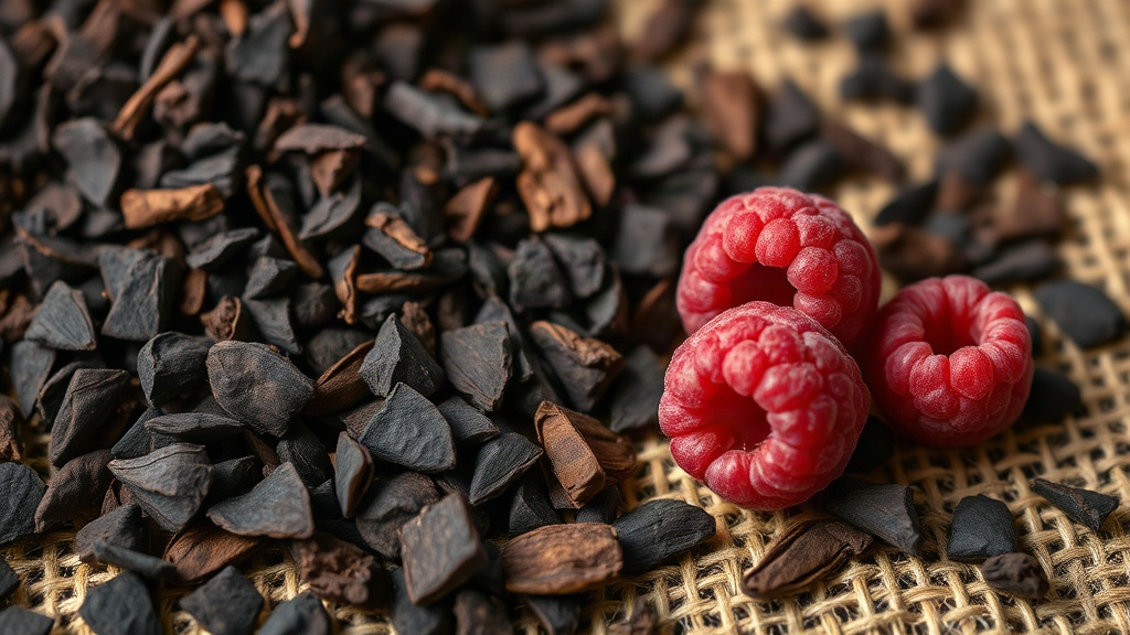 close-up macro photograph of dark resinous oud wood chips and dried raspberries scattered on rough burlap fabric, warm a