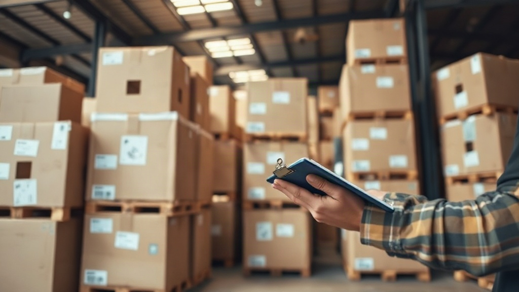 Warehouse interior with stacked cardboard shipping boxes and wooden pallets, a worker's hand checking an inventory 