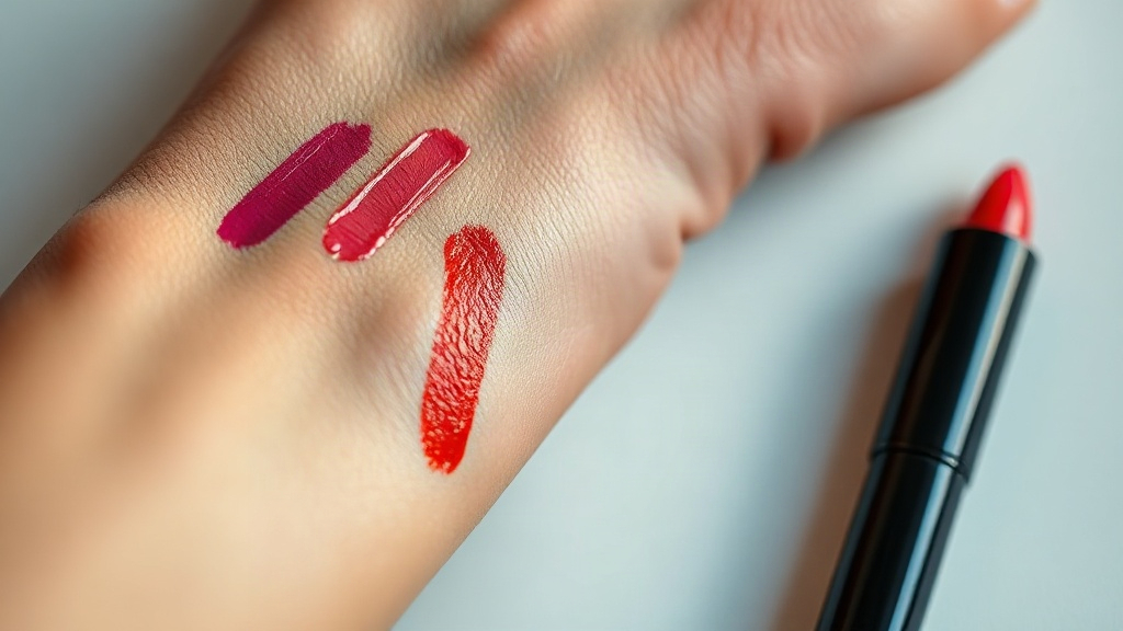 close-up of a hand and wrist with several colorful lip stain swatches blended on the skin, a slim cosmetic applicator wa