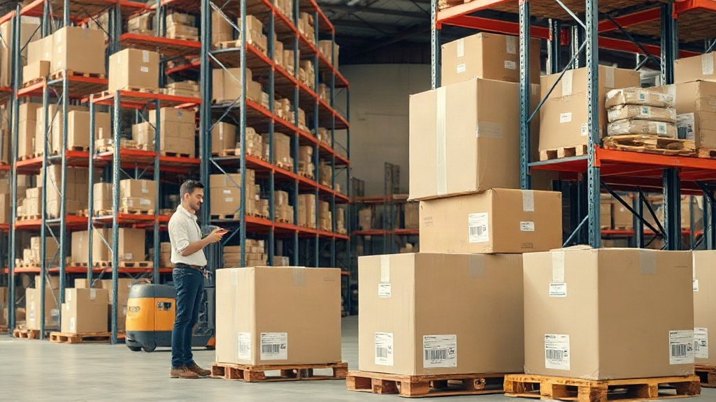 Warehouse interior with tall metal shelving racks loaded with sealed cardboard shipping boxes on wooden pallets, a worke
