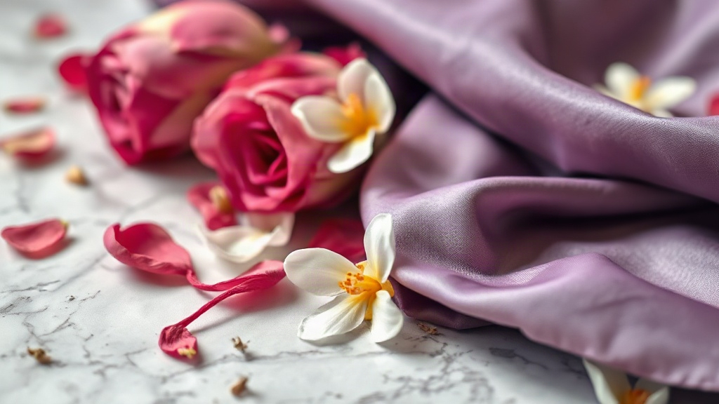 close-up studio shot of rose petals, bergamot peels, jasmine blossoms and a folded silk fabric swatch arranged on a poli